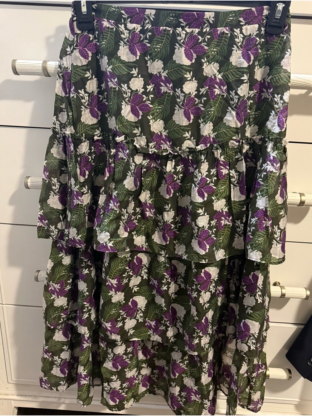 MELLODAY Olive Floral Tiered skirt with Purple Blooms